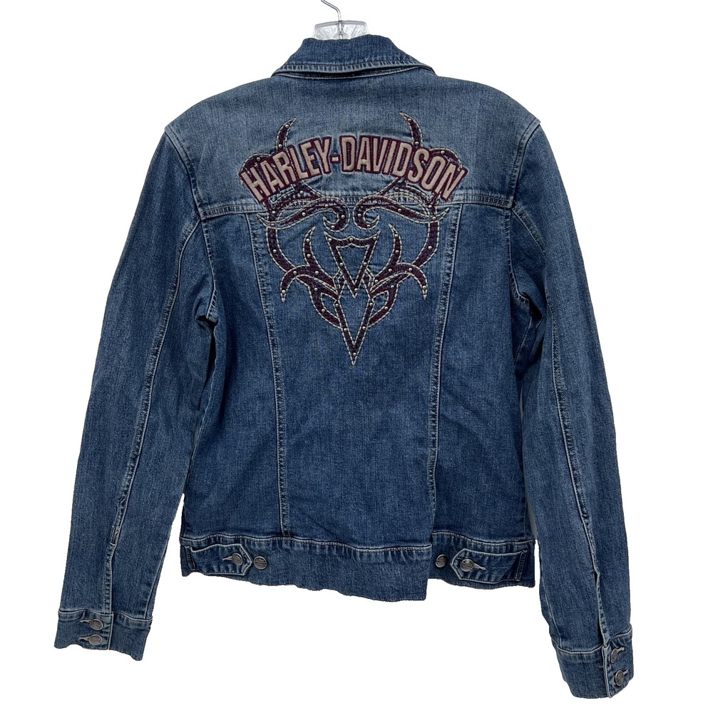 HARLEY DAVIDSON Womens L Tall Embroidered Studded Blue Jean Denim Jacket Stretch
